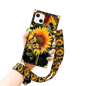 Bonoma Compatible with iPhone 13 Case 6.1 in 2021 with Strap, Sunflower Butterfly Soft TPU Luxury Elegant Shockproof Protective Metal Cushion Corner Case for iPhone 13