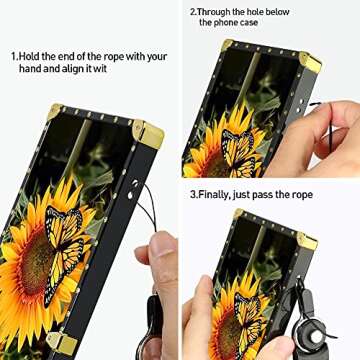 Bonoma Compatible with iPhone 13 Case 6.1 in 2021 with Strap, Sunflower Butterfly Soft TPU Luxury Elegant Shockproof Protective Metal Cushion Corner Case for iPhone 13