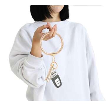 Coolcos Key Ring Bracelets Wristlet Keychain Bangle Keyring - Large Circle Leather Tassel Bracelet Holder Women Gift(reinforced champagne rose gold)