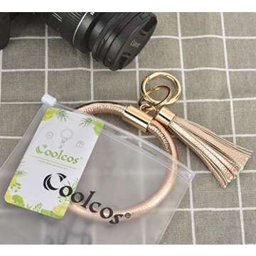 Coolcos Key Ring Bracelets Wristlet Keychain Bangle Keyring - Large Circle Leather Tassel Bracelet Holder Women Gift(reinforced champagne rose gold)