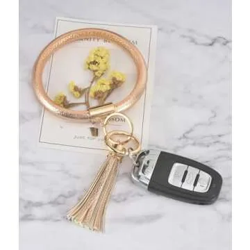 Coolcos Key Ring Bracelets Wristlet Keychain Bangle Keyring - Large Circle Leather Tassel Bracelet Holder Women Gift(reinforced champagne rose gold)