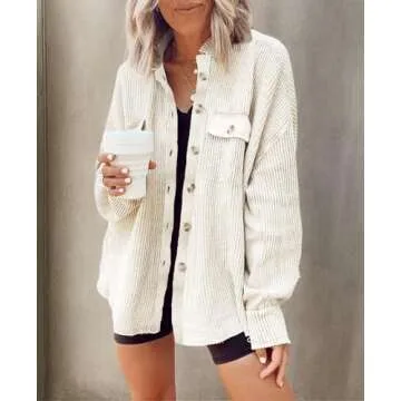 Women's Waffle Knit Button Down Shirt Batwing Sleeve Oversized Casual Shacket Blouse Tops Beige