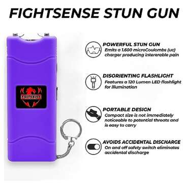 FIGHTSENSE Super Heavy Duty Keychain Stun Gun with Flashlight for Men and Women self Defense Device, Rechargeable Stun Gun, Nylon Holsters (Purple)
