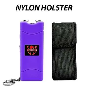 FIGHTSENSE Super Heavy Duty Keychain Stun Gun with Flashlight for Men and Women self Defense Device, Rechargeable Stun Gun, Nylon Holsters (Purple)