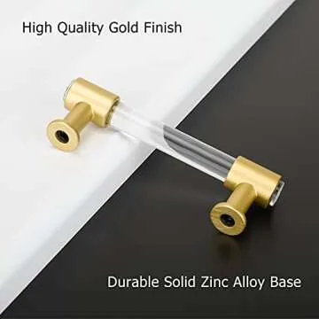 goldenwarm 10 Pack Gold Cabinet Knobs, Acrylic Drawer Knobs Brushed Brass Cabinet Knobs Decorative Kitchen Cabinet Hardware Clear Acrylic T Knobs for Dresser Drawers Single Hole 2in Length