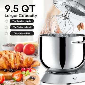 9.5 Qt Stand Mixer, 10-Speed Tilt-Head Food Mixer, Vezzio 660W Kitchen Electric Mixer with Stainless...