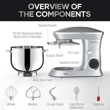 9.5 Qt Stand Mixer, 10-Speed Tilt-Head Food Mixer, Vezzio 660W Kitchen Electric Mixer with Stainless Steel Bowl, Dishwasher-Safe Attachments for Most Home Cooks(Silver)