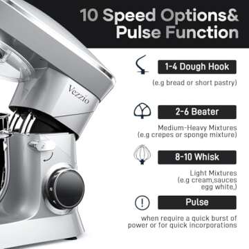 9.5 Qt Stand Mixer, 10-Speed Tilt-Head Food Mixer, Vezzio 660W Kitchen Electric Mixer with Stainless Steel Bowl, Dishwasher-Safe Attachments for Most Home Cooks(Silver)
