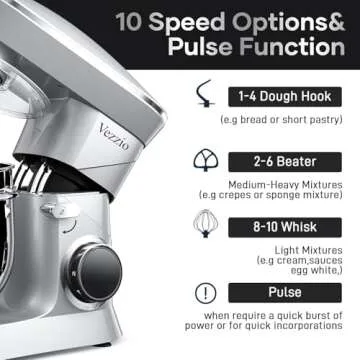 9.5 Qt Stand Mixer, 10-Speed Tilt-Head Food Mixer, Vezzio 660W Kitchen Electric Mixer with Stainless Steel Bowl, Dishwasher-Safe Attachments for Most Home Cooks(Silver)