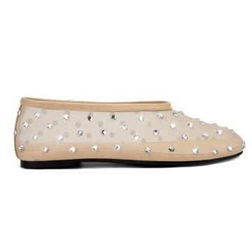 Arqa Crystal-Embellished Mesh Flats Rhinestone Ballet Flat Slip On Ballerina Shoes Comfortable Casual Gauze Shoe Beige Size 8.5