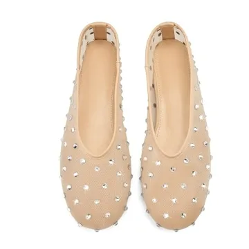 Arqa Crystal-Embellished Mesh Flats Rhinestone Ballet Flat Slip On Ballerina Shoes Comfortable Casual Gauze Shoe Beige Size 8.5