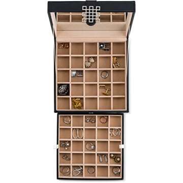 Glenor Co Earring Organizer - Classic 50 Section Jewelry Box/Case/Holder for Earrings, Rings, Necklaces, Jewelry, Cufflinks or Collections -2 Layer Small Compartments with Large Mirror - Black