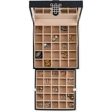 Glenor Co Earring Organizer - Classic 50 Section Jewelry Box/Case/Holder for Earrings, Rings, Necklaces, Jewelry, Cufflinks or Collections -2 Layer Small Compartments with Large Mirror - Black