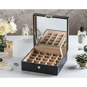 Glenor Co Earring Organizer - Classic 50 Section Jewelry Box/Case/Holder for Earrings, Rings, Necklaces, Jewelry, Cufflinks or Collections -2 Layer Small Compartments with Large Mirror - Black