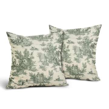 aportt French Country Pillow Covers Set of 2 22x22 Inch Vintage Toile Green Cotton Linen Polyester D...