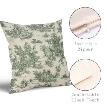 aportt French Country Pillow Covers Set of 2 22x22 Inch Vintage Toile Green Cotton Linen Polyester Decorative Throw Pillow Case Cushion Cover for Bedroom Sofa Living Room Couch Chair Office