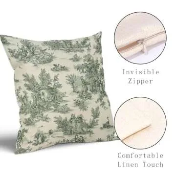 aportt French Country Pillow Covers Set of 2 22x22 Inch Vintage Toile Green Cotton Linen Polyester Decorative Throw Pillow Case Cushion Cover for Bedroom Sofa Living Room Couch Chair Office