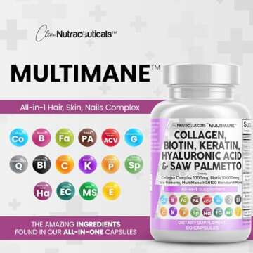 Clean Nutraceuticals Collagen Pills 1000mg Biotin 10000mcg Keratin Saw Palmetto Hyaluronic Acid - Hair Skin & Nails Vitamins & DHT Blocker with Vitamin E Folic Acid Pumpkin Seed MSM - 90 Count