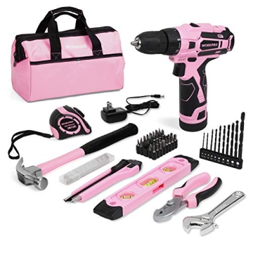 WORKPRO 12V Pink Cordless Drill Driver and Home Tool Kit - Stylish & Functional Over 14-inch Storage...