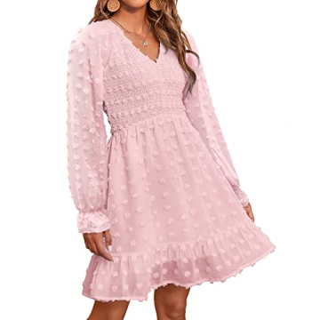 BTFBM Women V Neck Smocked Short Dress Long Sleeve Flowy Casual Swiss Dot Ruffle Chiffon Mini Summer Fall Dresses 2025(Solid Pink, Small)