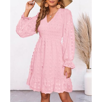 BTFBM Women V Neck Smocked Short Dress Long Sleeve Flowy Casual Swiss Dot Ruffle Chiffon Mini Summer Fall Dresses 2025(Solid Pink, Small)