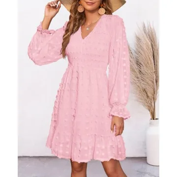 BTFBM Women V Neck Smocked Short Dress Long Sleeve Flowy Casual Swiss Dot Ruffle Chiffon Mini Summer Fall Dresses 2025(Solid Pink, Small)