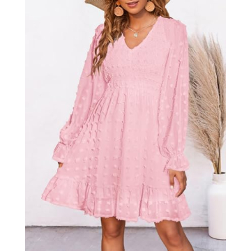 BTFBM Women V Neck Smocked Short Dress Long Sleeve Flowy Casual Swiss Dot Ruffle Chiffon Mini Summer Fall Dresses 2025(Solid Pink, Small)