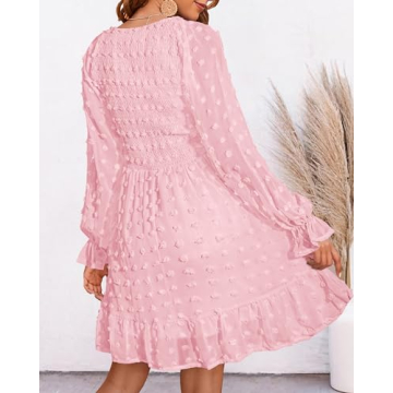 BTFBM Women V Neck Smocked Short Dress Long Sleeve Flowy Casual Swiss Dot Ruffle Chiffon Mini Summer Fall Dresses 2025(Solid Pink, Small)