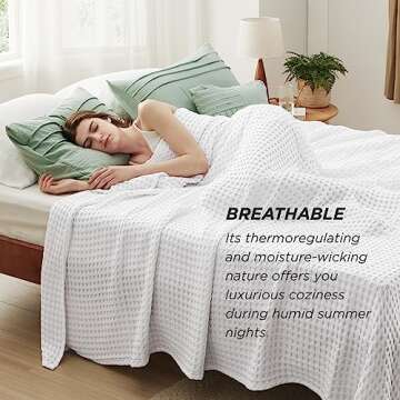 Bedsure Cooling Cotton Waffle Weave Throw Blanket - Lightweight Breathable Blanket of Rayon Derived from Bamboo for Hot Sleepers, Luxury Throws for Bed, Couch and Sofa, Dark Green, 50x70 Inches