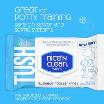 Nice 'N CLEAN Flushable Toddler Wipes 42ct (6-Pack) | 100% Plant-Based, Unscented Wet Wipes for Sens...