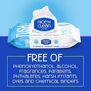 Nice 'N CLEAN Flushable Toddler Wipes 42ct (6-Pack) | 100% Plant-Based, Unscented Wet Wipes for Sensitive Skin | Potty Training Essentials | Flushable Baby Wipes for All Ages