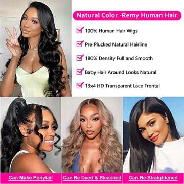 24 Inch Body Wave Lace Front Wigs Human Hair Pre Plucked 180% Density 13x4 HD Lace Front Wigs for Black Women Glueless 100% Brazilian Virgin Transparent Lace Frontal Wigs