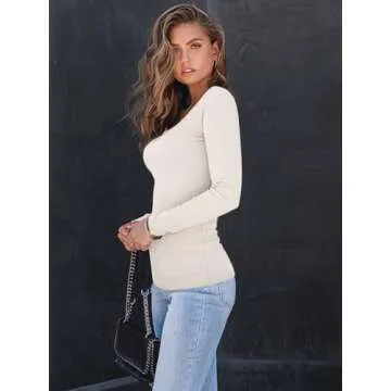 AUTOMET Womens Long Sleeve Shirts Square Neck Tops Ribbed Knit Fitted Casual Basic Tees Slim Fit Fall Outfits Fashion Clothes