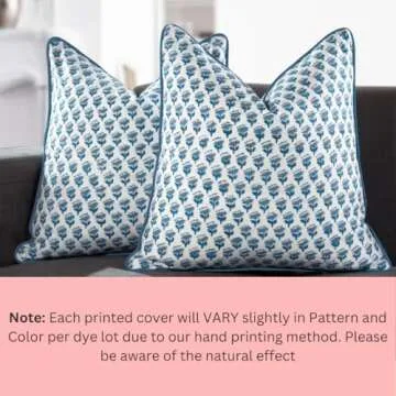 CPC 100% Cotton Throw Pillow Covers 18x18 Inch, Set of 2 Blue Block Print Pattern Couch Pillow, Cute Boho Decorative Pillows for Living Room, Bedroom with Hidden Zipper- Apatite Blue
