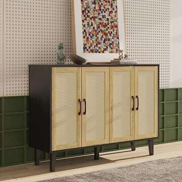 Storage Cabinet with Rattan Trim - 4 Door Sideboard Buffet Cabinet with Storage, Accent Cabinet with...