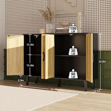 Storage Cabinet with Rattan Trim - 4 Door Sideboard Buffet Cabinet with Storage, Accent Cabinet with Shelves for Bathroom, Coffee Bar, Kitchen, Living Room, Hallway (Black)