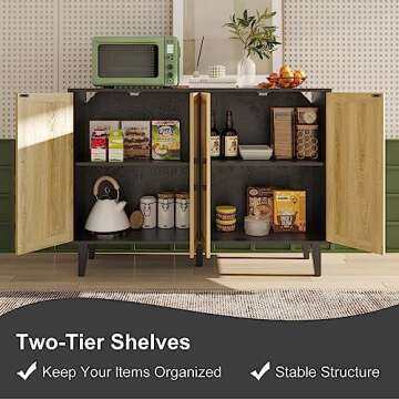 Storage Cabinet with Rattan Trim - 4 Door Sideboard Buffet Cabinet with Storage, Accent Cabinet with Shelves for Bathroom, Coffee Bar, Kitchen, Living Room, Hallway (Black)