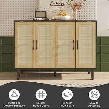 Storage Cabinet with Rattan Trim - 4 Door Sideboard Buffet Cabinet with Storage, Accent Cabinet with Shelves for Bathroom, Coffee Bar, Kitchen, Living Room, Hallway (Black)
