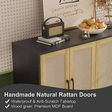 Storage Cabinet with Rattan Trim - 4 Door Sideboard Buffet Cabinet with Storage, Accent Cabinet with Shelves for Bathroom, Coffee Bar, Kitchen, Living Room, Hallway (Black)
