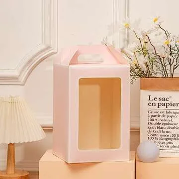 Enorteen 12 Pcs Clear Gift Bags with Transparent Window Gift Boxes Candy Boxes Tote Paper Bags Flower Boxes Bouquet Bags for Bridal Shower Present Festivals Party (Pink)