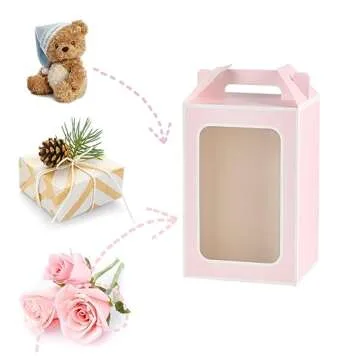 Enorteen 12 Pcs Clear Gift Bags with Transparent Window Gift Boxes Candy Boxes Tote Paper Bags Flower Boxes Bouquet Bags for Bridal Shower Present Festivals Party (Pink)