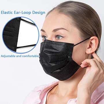 Face Mask Black, Disposable Face Masks, 3 Layer Design Protection Breathable Face Masks with Elastic earband