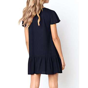 Imysty Womens Polka Dot V Neck Button Down Ruffles Loose Mini Short T-Shirt Dress (Small, Z1-Navy)