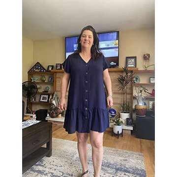 Imysty Women's Polka Dot V Neck Button Down Dress