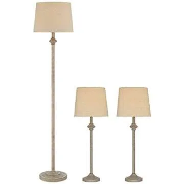360 Lighting Carter Traditional 3 Piece Table Floor Lamp Set Beige Metal Cream Fabric Tapered Drum Shade Decor for Living Room Bedroom House Bedside Nightstand Home Office Reading Family