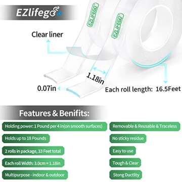 EZlifego Double Sided Tape Heavy Duty(Extra Large, Pack of 2, Total 396 Inch), Nano Double Sided Adh...