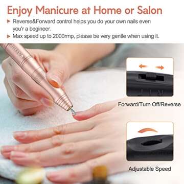 Electric Nail Drill, Professional Acrylic Dip Nail Drill Machine USB Electric Nail Filer Kit Efile Nail Tools for Manicure Pedicure with Drill Bits, Sanding Bands, Metal Nail File, Gold