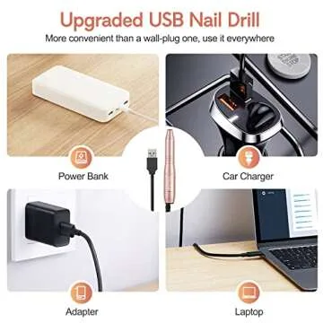 Electric Nail Drill, Professional Acrylic Dip Nail Drill Machine USB Electric Nail Filer Kit Efile Nail Tools for Manicure Pedicure with Drill Bits, Sanding Bands, Metal Nail File, Gold
