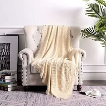 lifein Fall White Throw Blanket for Couch-Soft Boho Knitted Bed Throw Blanket,Cozy Farmhouse Waffle Small Lightweight Blanket&Throws for Autumn,Woman,Chair,Sofa,Home Decor,Gift(White/Cream,50 * 60")
