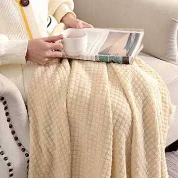 lifein Fall White Throw Blanket for Couch-Soft Boho Knitted Bed Throw Blanket,Cozy Farmhouse Waffle Small Lightweight Blanket&Throws for Autumn,Woman,Chair,Sofa,Home Decor,Gift(White/Cream,50 * 60")